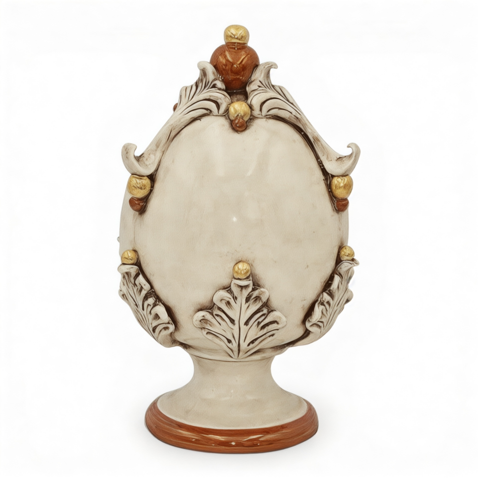 Uovo in ceramica siciliana con base dettagli in oro e lustri madreperla antichizzato Produzione artigianale di Caltagirone h.25cm