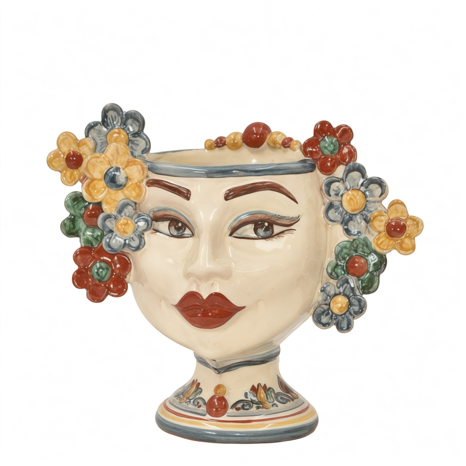 Testa di moro donna con fiori ed espressione labbra rosse decoro Sicily Produzione artigianale di Caltagirone h.20cm