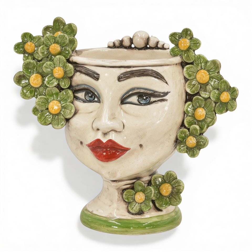 Testa di moro donna con fiori ed espressione labbra rosse decoro verde e giallo madreperla Produzione artigianale di Caltagirone h.20cm