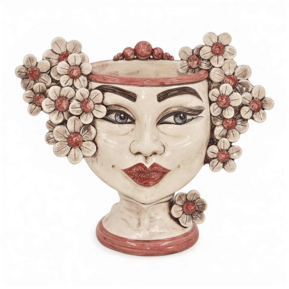 Testa di moro donna con fiori ed espressione decoro bordeaux e madreperla antichizzato Produzione artigianale di Caltagirone h.20cm