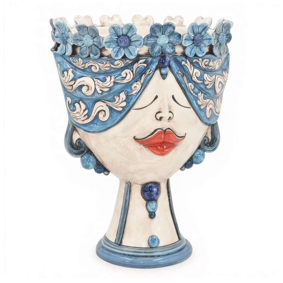 Testa di moro modello Zahira donna con fiori decoro ornato blu e madreperla antichizzato Produzione artigianale di Caltagirone h.30cm