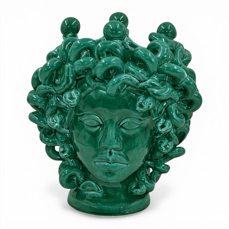 Testa di moro collezione I Miti modello Medusa monocolore verde smeraldo Produzione artigianale di Caltagirone h.28cm