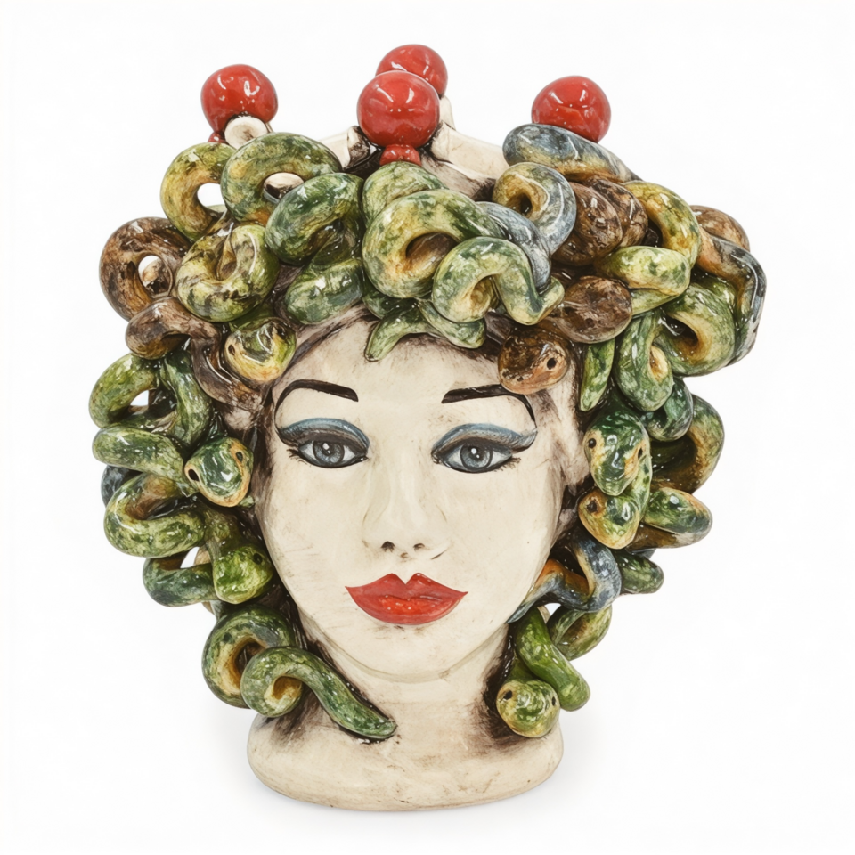 Testa di moro collezione I Miti modello Medusa con corona decoro in madreperla Produzione artigianale di Caltagirone h.28cm