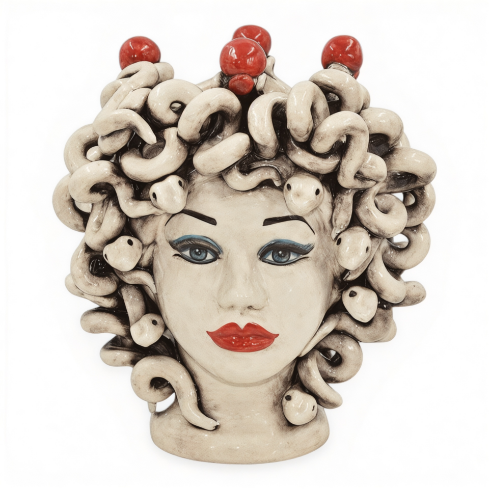 Testa di moro collezione I Miti modello Medusa con corona decoro in madreperla antichizzato Produzione artigianale di Caltagirone h.28cm