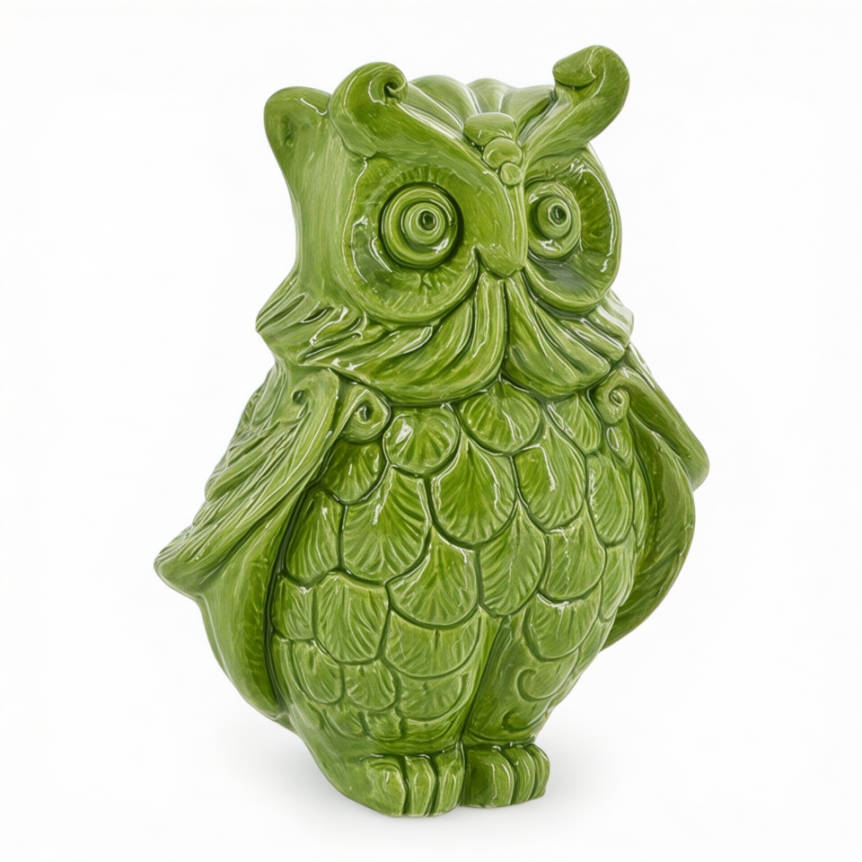 Civetta ornamentale in ceramica siciliana decoro verde foglia Produzione artigianale di Caltagirone h.15cm