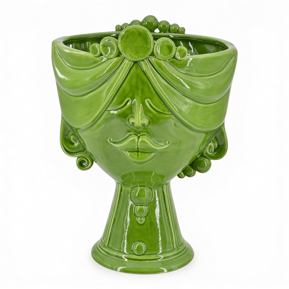 Testa di moro modello Zahira donna decoro verde foglia monocolore Produzione artigianale di Caltagirone h.30cm