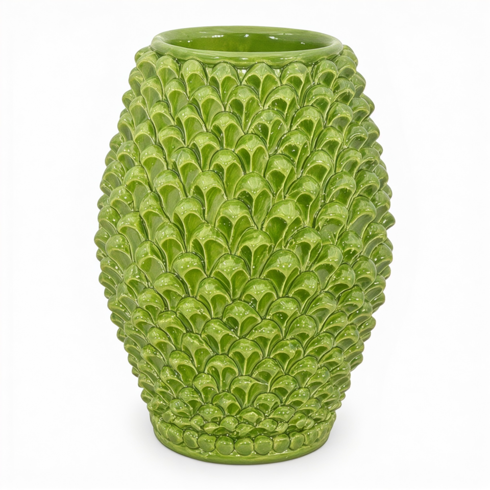 Vaso pigna botte in ceramica siciliana decoro verde foglia monocolore Produzione artigianale di Caltagirone h.25cm