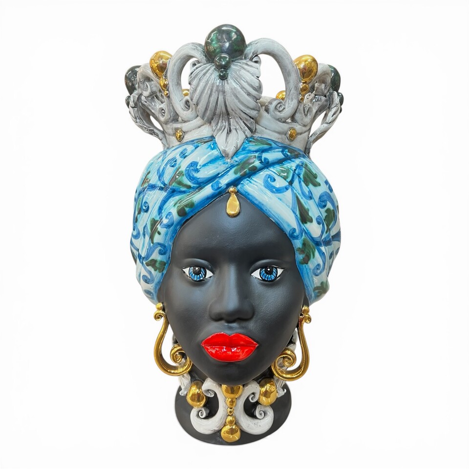 Testa di Moro Diana donna in ceramica siciliana decoro seicento celeste dettagli in oro sfere verdi Produzione artigianale di Caltagirone h.40cm