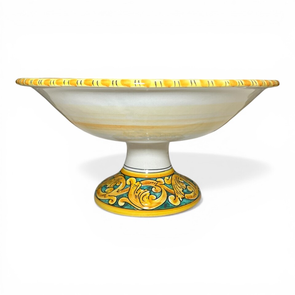Alzata centrotavola in ceramica siciliana decoro ornato giallo fondo verde Produzione artigianale di Santo Stefano di Camastra Diametro 40cm