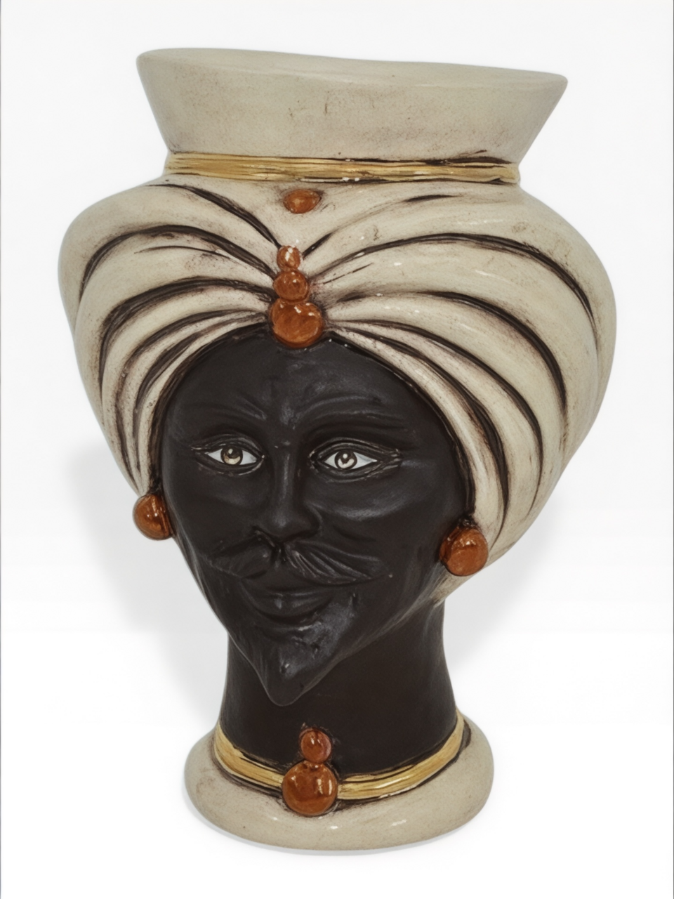 Testa di moro modello Tuareg uomo viso nero opaco corona liscia dettagli in oro e lustri madreperla Produzione artigianale di Caltagirone h.16cm