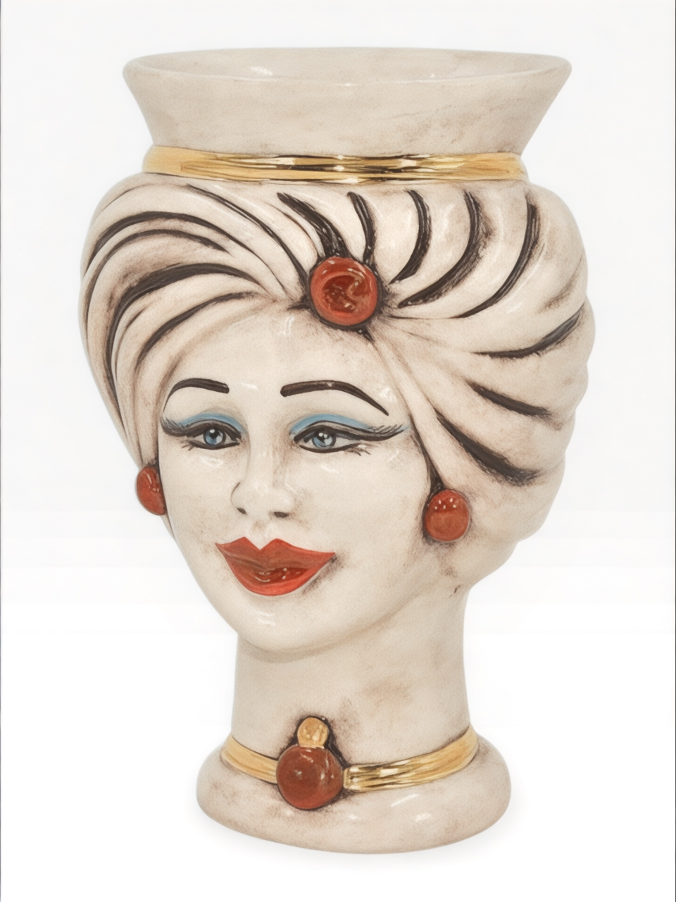 Testa di moro modello Tuareg donna corona liscia dettagli in oro e lustri madreperla antichizzato Produzione artigianale di Caltagirone h.16cm