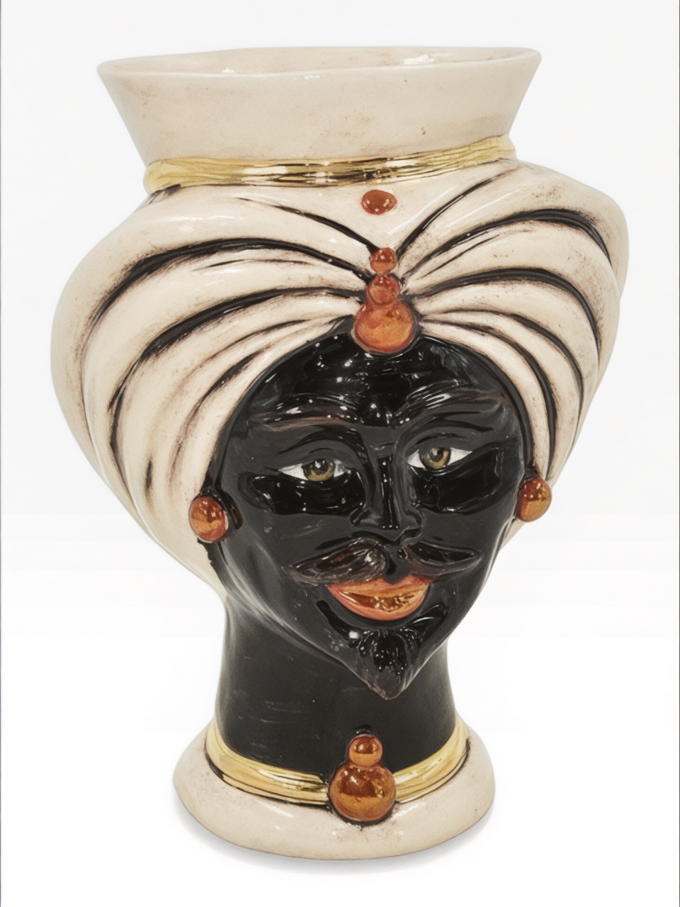 Testa di moro modello Tuareg uomo nero lucido corona dettagli oro e lustri madreperla antichizzato Produzione artigianale di Caltagirone h.16cm