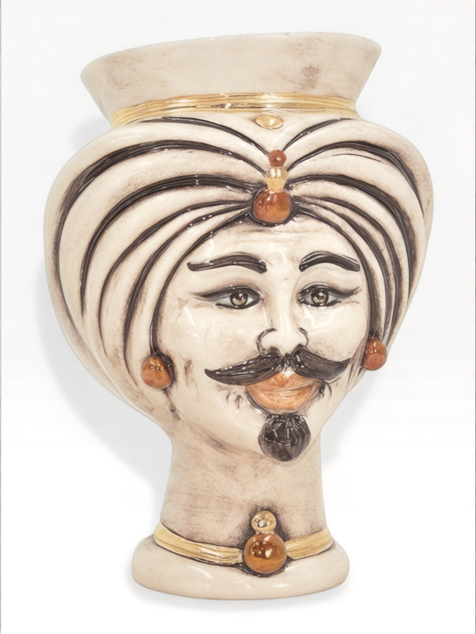 Testa di moro modello Tuareg uomo corona liscia dettagli in oro e lustri madreperla antichizzato Produzione artigianale di Caltagirone h.16cm