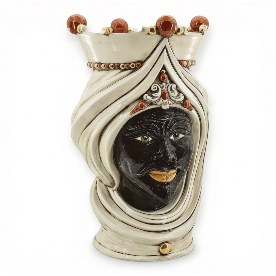 Testa di moro Tuareg uomo turbante viso nero lucido dettagli in oro e lustri madreperla antichizzato Produzione artigianale di Caltagirone h.45cm
