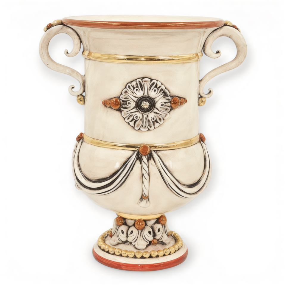 Vaso monumentale dettagli oro e lustri madreperla in ceramica siciliana Produzione artigianale di Caltagirone con manici