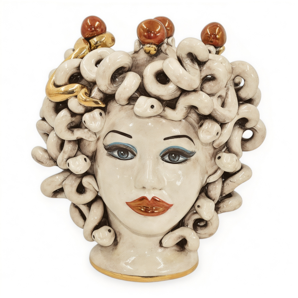 Testa di moro collezione I Miti modello Medusa dettagli oro e lustri madreperla con corona Produzione artigianale di Caltagirone h.28cm