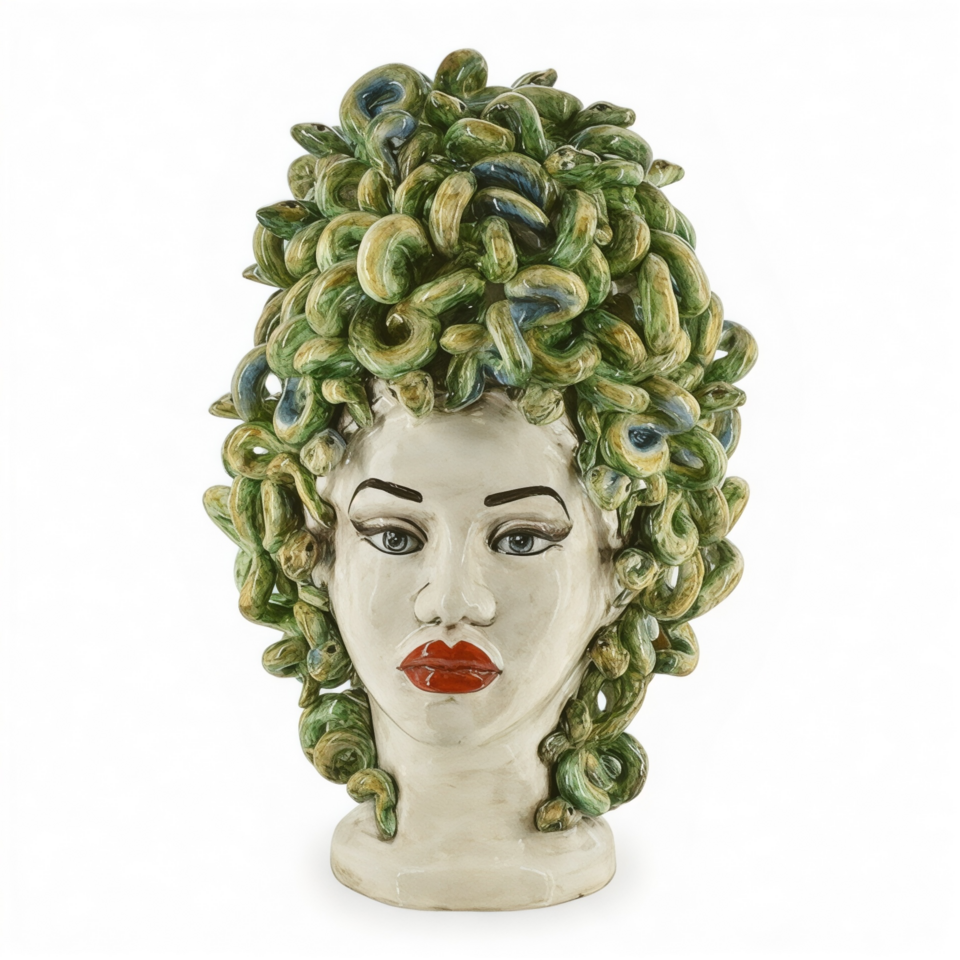 Testa di moro collezione I Miti modello Medusa ricca decorata in madreperla Produzione artigianale di Caltagirone h.55cm