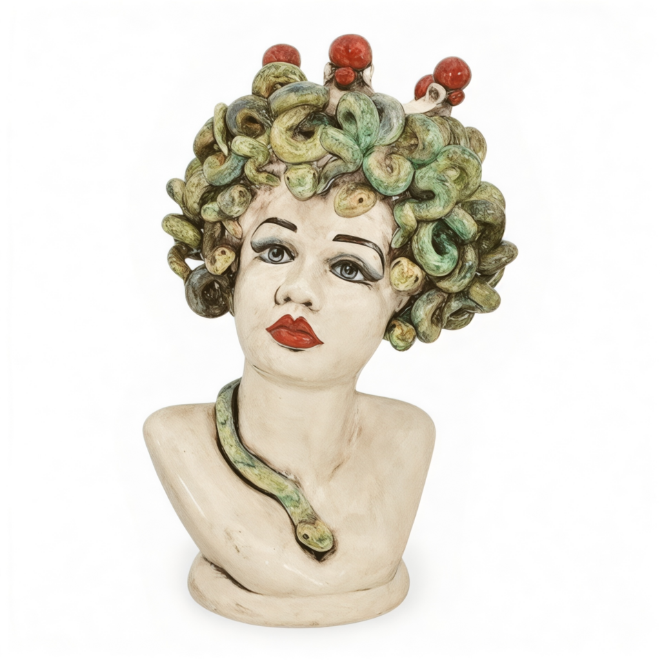 Testa di moro collezione I Miti modello Medusa mezzo busto decorata dettagli madreperla Produzione artigianale di Caltagirone h.42cm