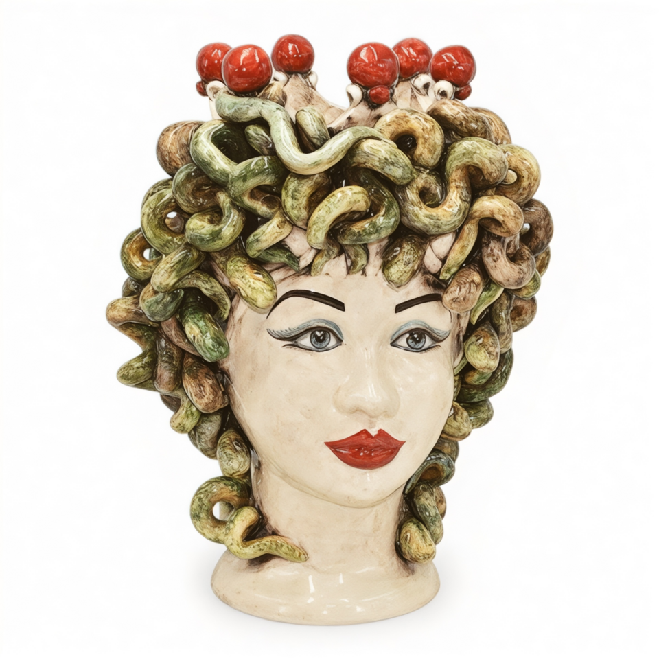 Testa di moro collezione I Miti modello Medusa con corona decoro in madreperla Produzione artigianale di Caltagirone h.42cm