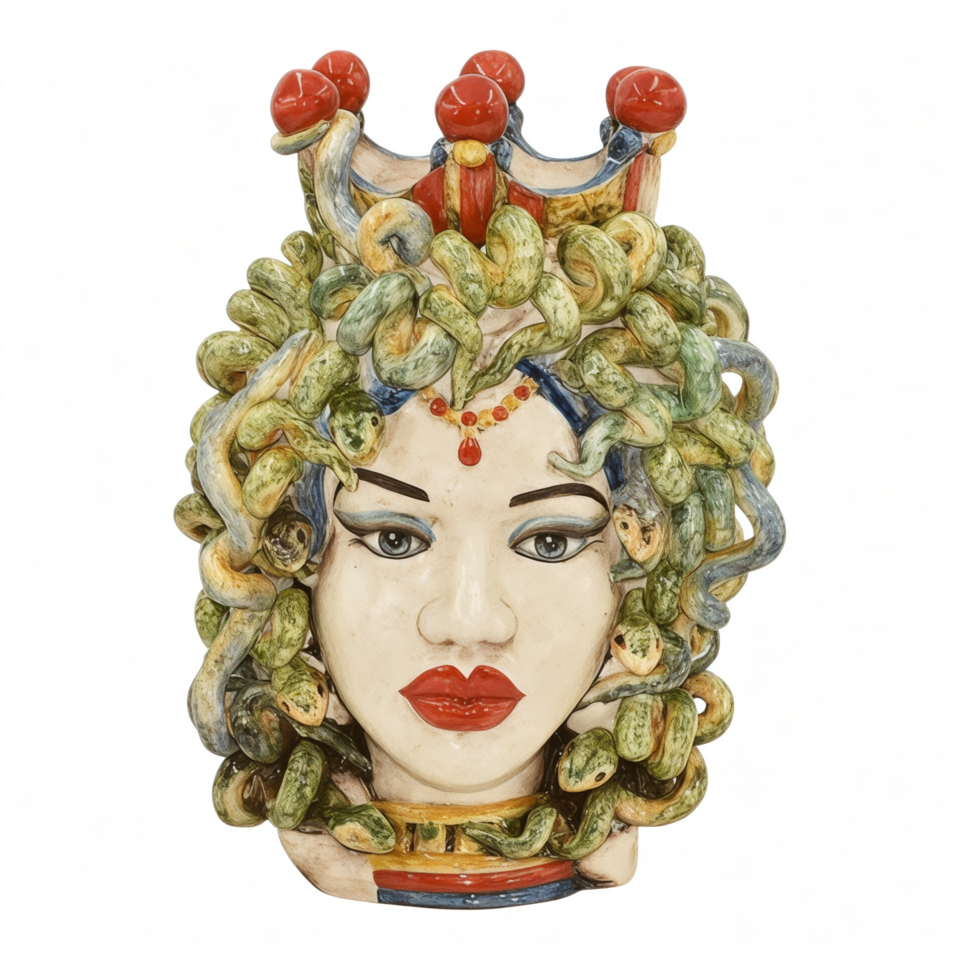 Testa di moro collezione I Miti modello Medusa con corona decoro Sicily e madreperla Produzione artigianale di Caltagirone h.40cm