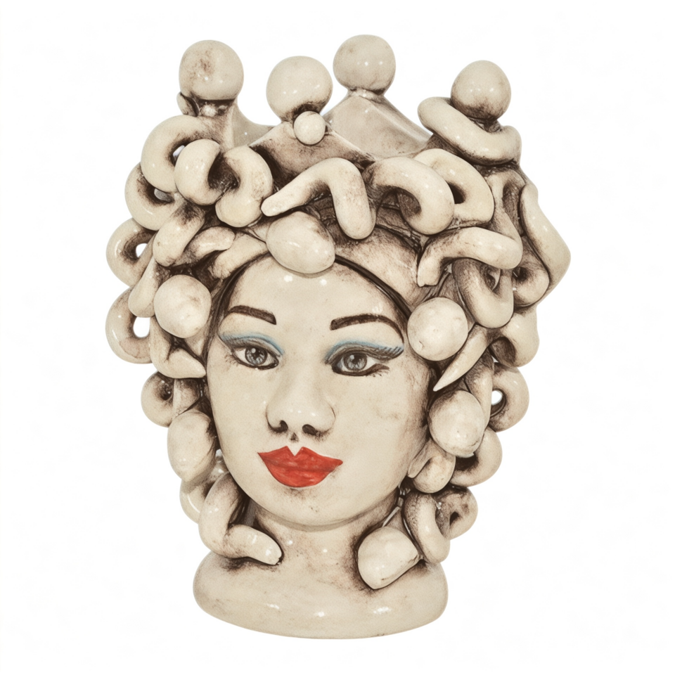 Testa di moro collezione I Miti modello Medusa con corona decoro madreperla antichizzato Produzione artigianale di Caltagirone h.15cm