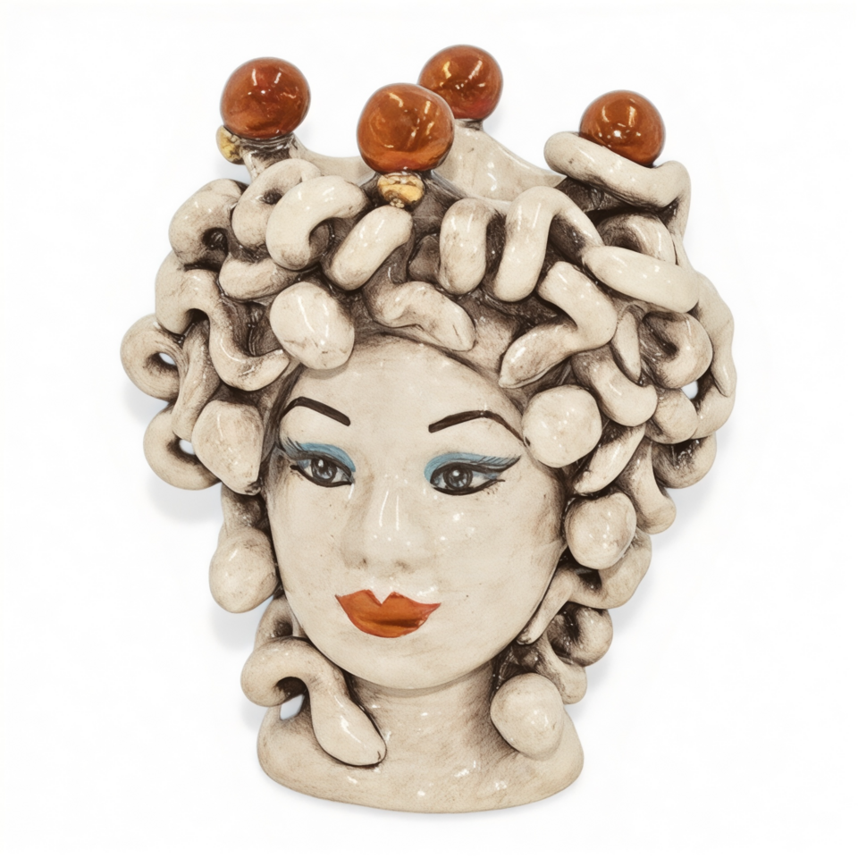 Testa di moro collezione I Miti modello Medusa con corona dettagli oro e madreperla Produzione artigianale di Caltagirone h.15cm