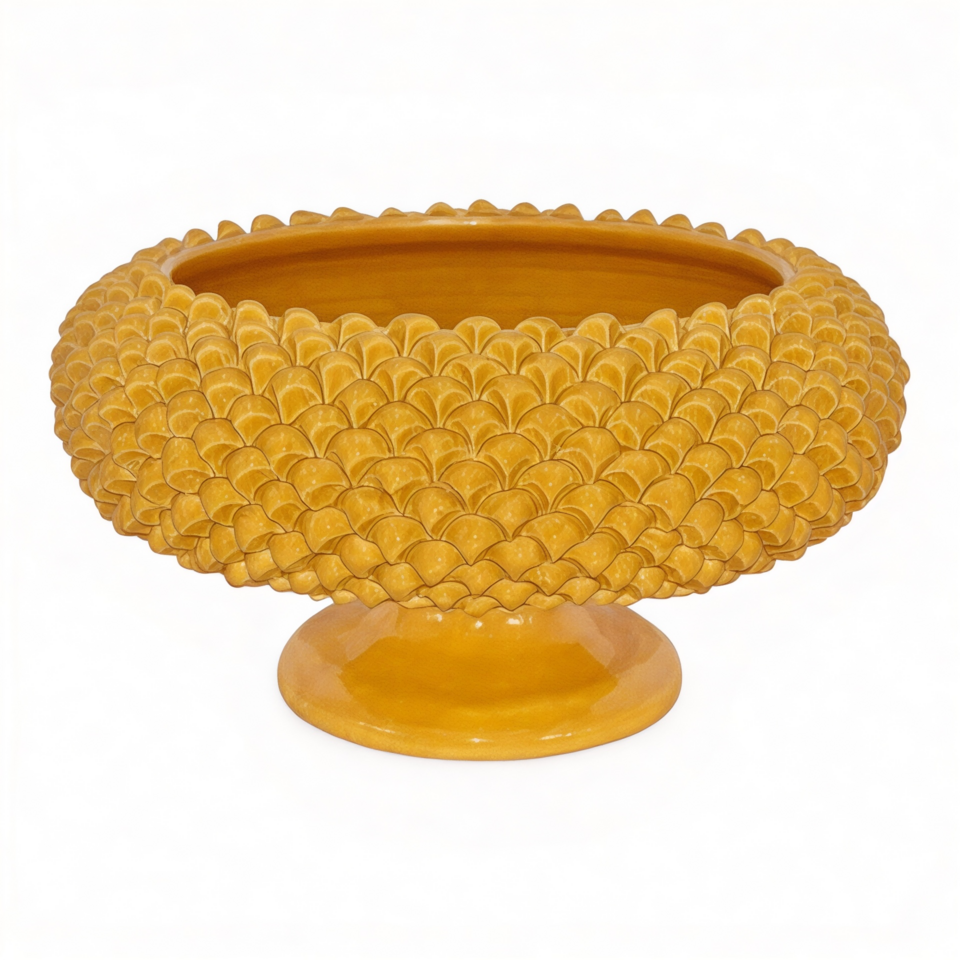 Alzata centrotavola a pigna decoro giallo senape Produzione artigianale di Caltagirone monocolore