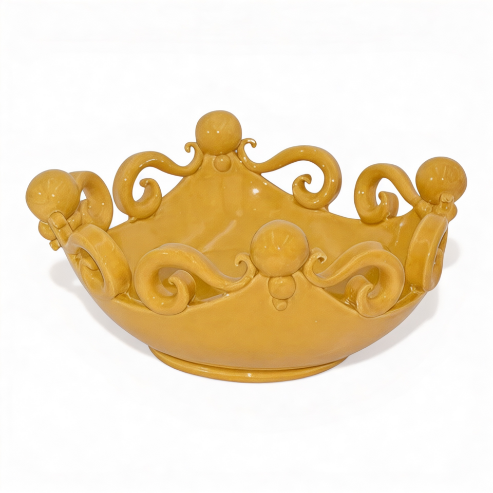 Centrotavola con palline in ceramica siciliana decoro giallo senape Produzione artigianale di Caltagirone monocolore