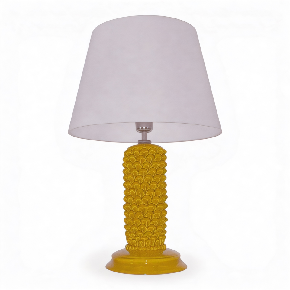 Lume pigna cilindro in ceramica siciliana colore giallo senape monocolore Produzione artigianale di Caltagirone h.60cm