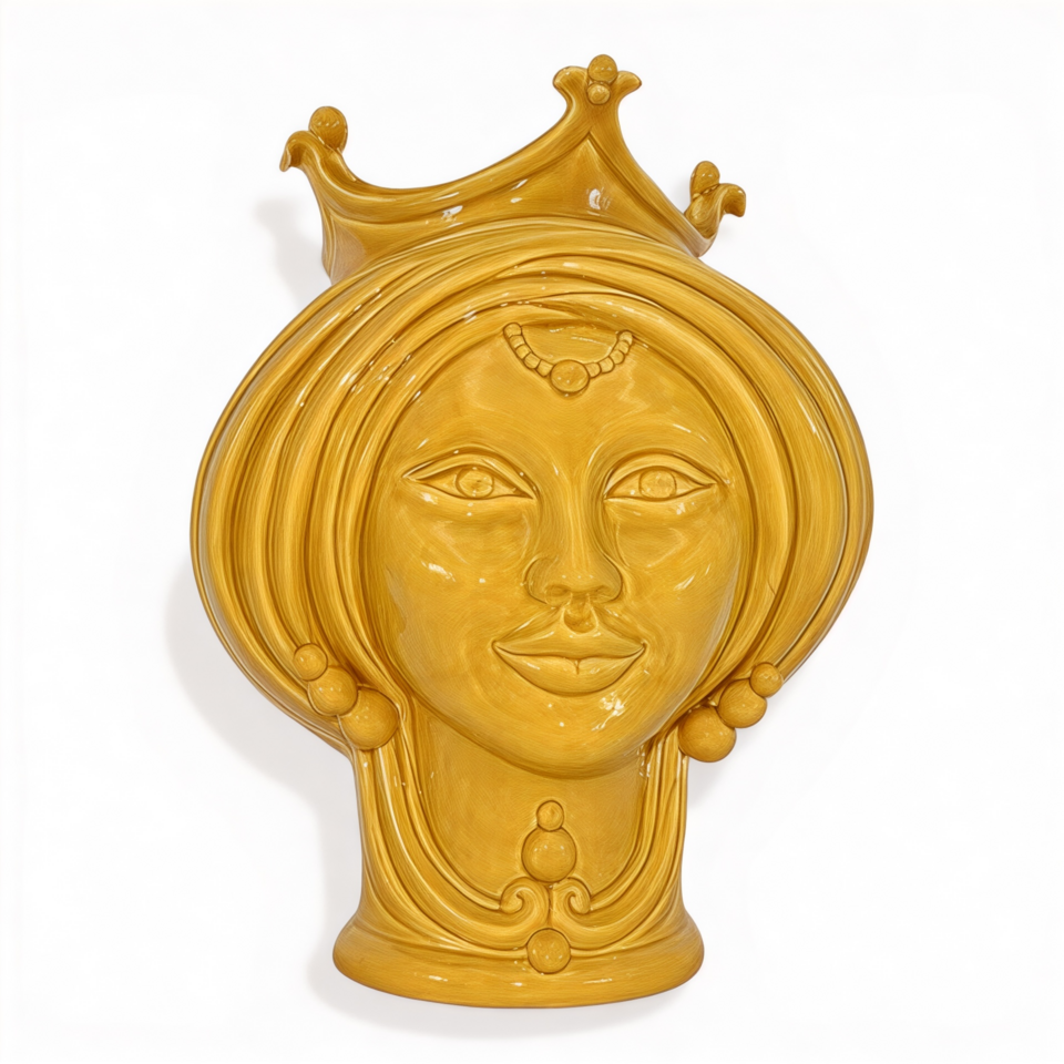 Testa di moro donna design moderno decoro giallo senape monocolore con corona Produzione artigianale di Caltagirone h.30cm