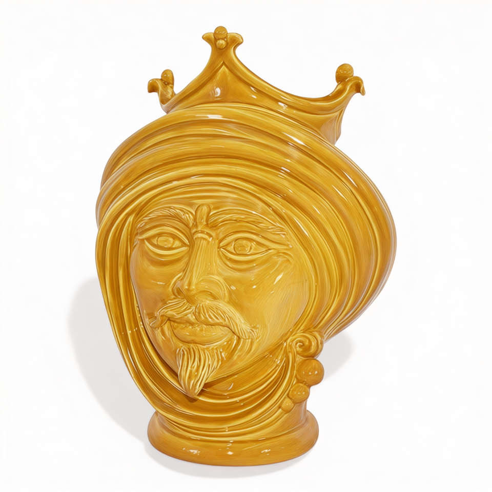 Testa di moro uomo design moderno decoro giallo senape monocolore con corona Produzione artigianale di Caltagirone h.30cm
