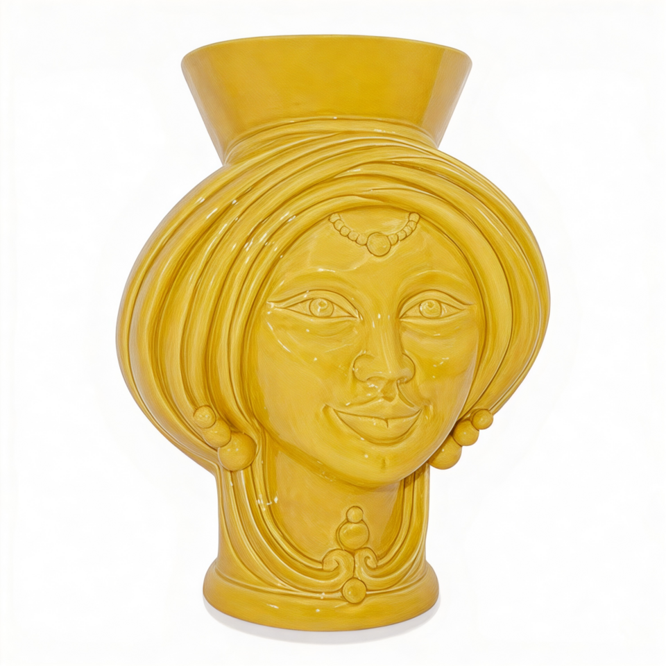 Testa di moro donna design moderno decoro giallo senape monocolore corona liscia Produzione artigianale di Caltagirone h.30cm