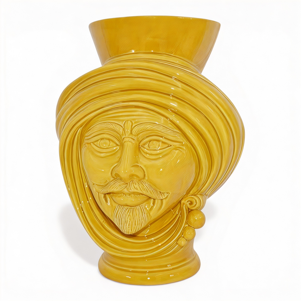 Testa di moro uomo design moderno decoro giallo senape monocolore corona liscia Produzione artigianale di Caltagirone h.30cm
