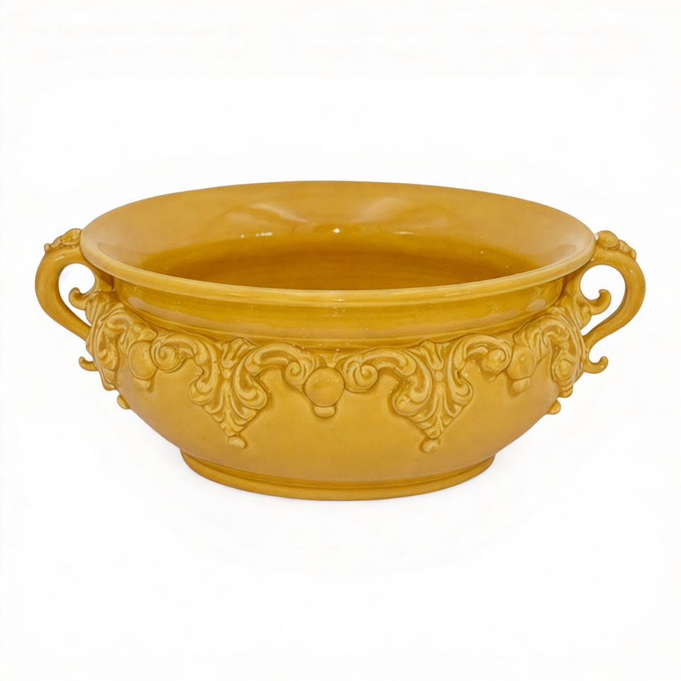 Centrotavola con manici decoro giallo senape in ceramica siciliana Produzione artigianale di Caltagirone Ceramiche Sofia monocolore