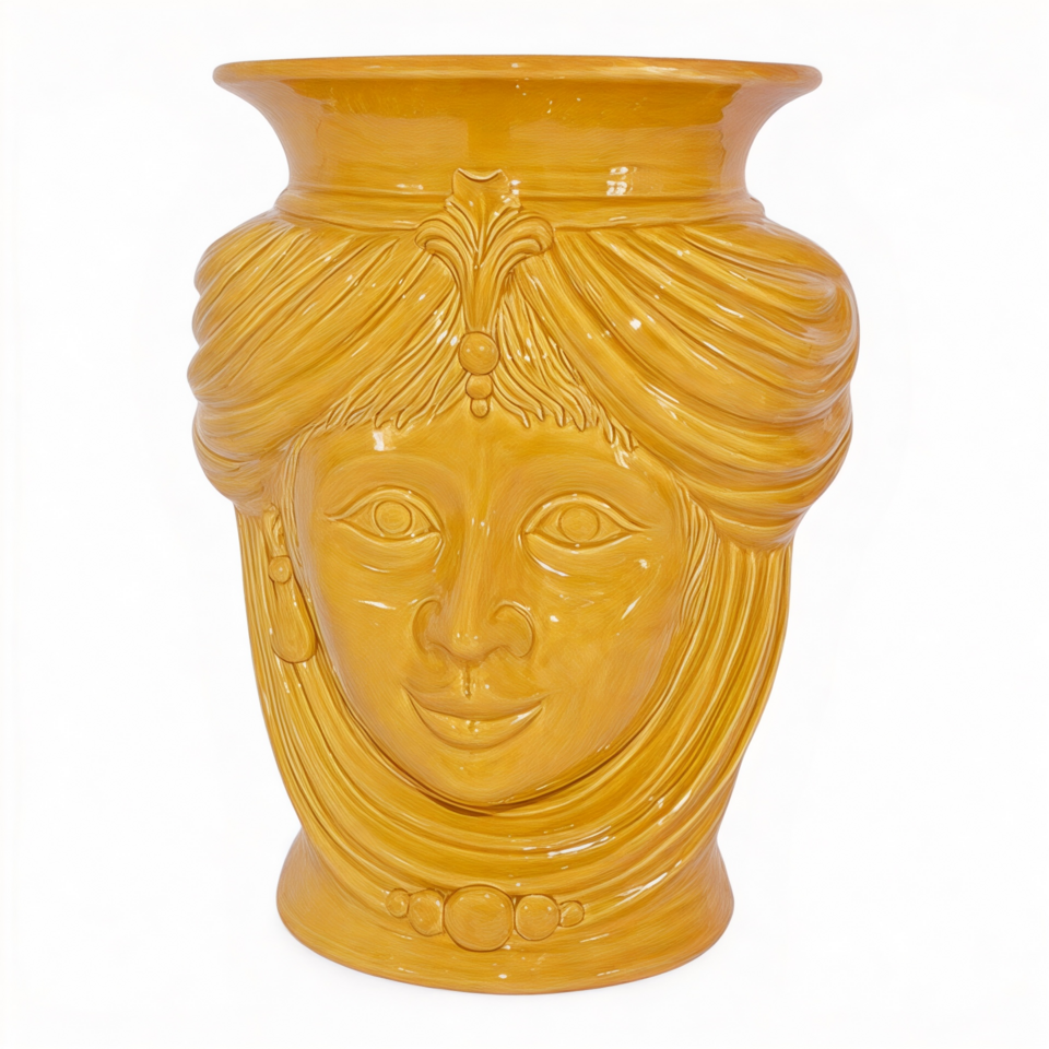 Testa di moro donna con turbante e corona liscia decoro giallo senape monocolore Produzione artigianale di Caltagirone h.33cm