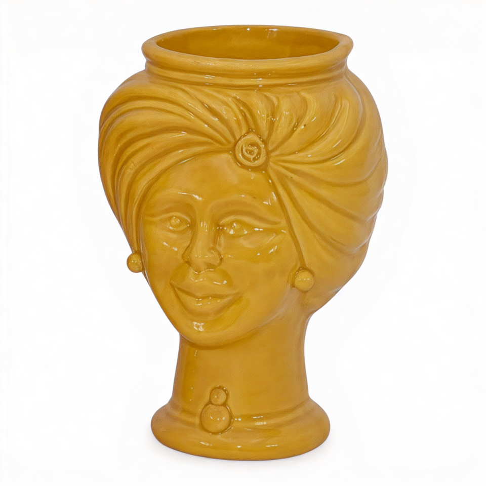 Testa di moro modello Tuareg donna decoro giallo senape monocolore corona liscia Produzione artigianale di Caltagirone h.16cm
