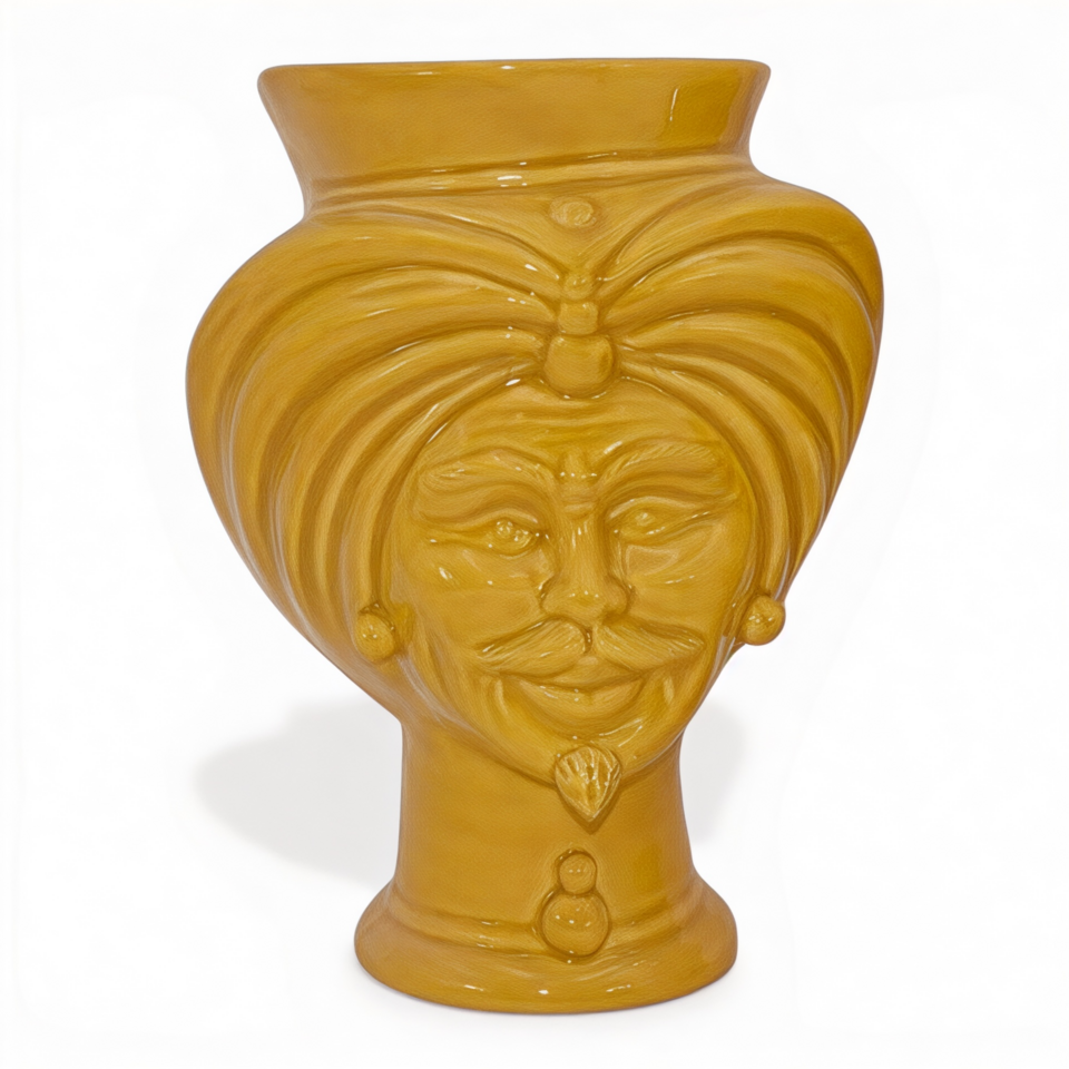 Testa di moro modello Tuareg uomo decoro giallo senape monocolore corona liscia Produzione artigianale di Caltagirone h.16cm