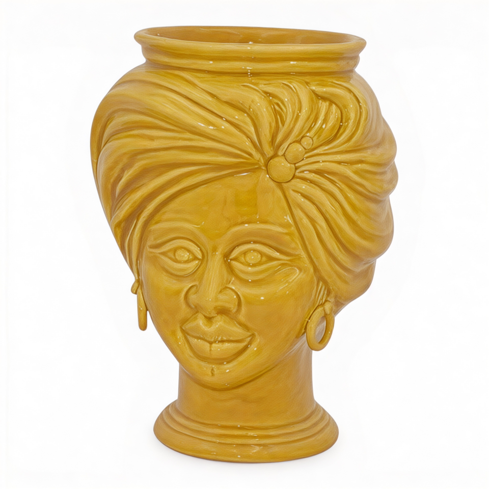 Testa di moro modello Tuareg donna decoro giallo senape monocolore corona liscia Produzione artigianale di Caltagirone h.20cm