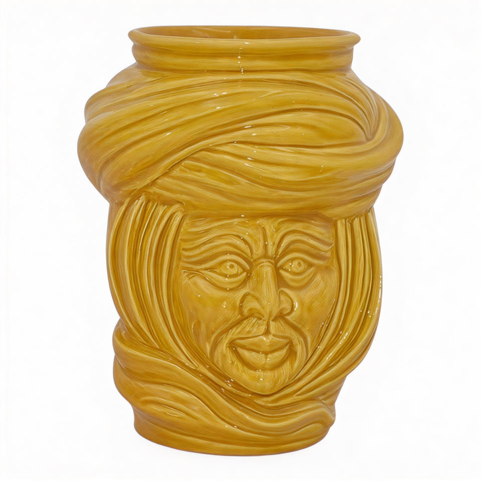 Testa di moro modello Tuareg uomo decoro giallo senape monocolore corona liscia Produzione artigianale di Caltagirone h.20cm