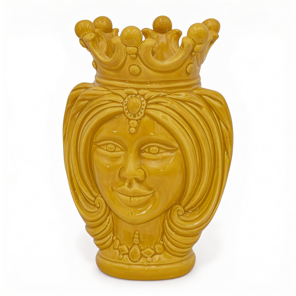 Testa di moro donna design moderno decoro giallo senape monocolore con corona e turbante Produzione artigianale di Caltagirone h.25cm