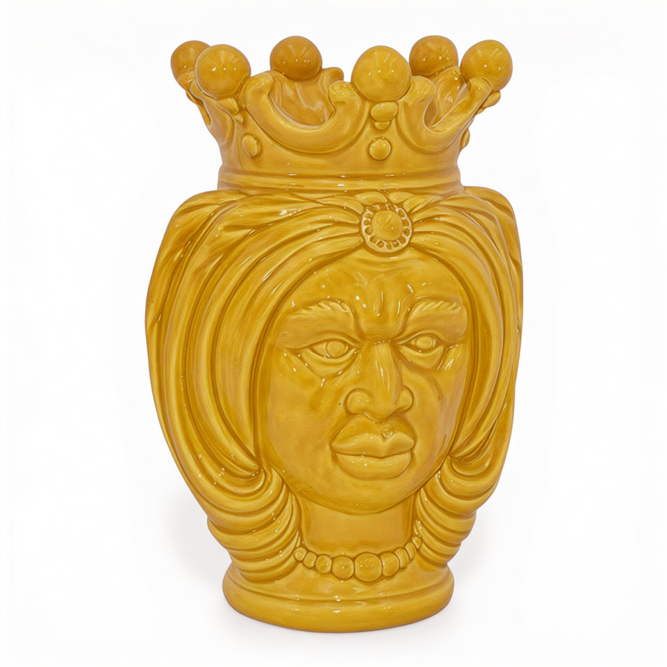 Testa di moro uomo design moderno decoro giallo senape monocolore con corona e turbante Produzione artigianale di Caltagirone h.25cm