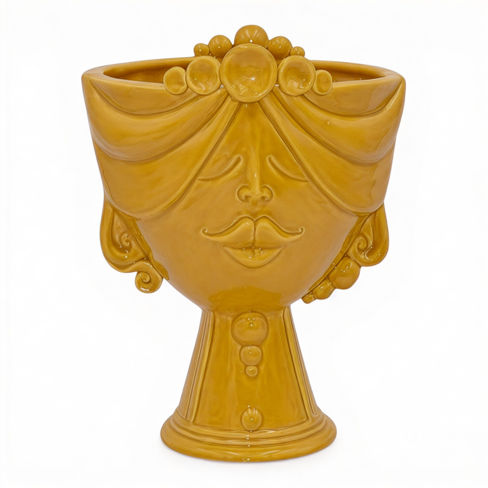 Testa di moro modello Zahira donna decoro giallo senape monocolore Produzione artigianale di Caltagirone h.30cm