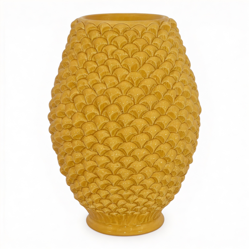 Vaso pigna botte in ceramica siciliana decoro giallo senape monocolore Produzione artigianale di Caltagirone h.25cm