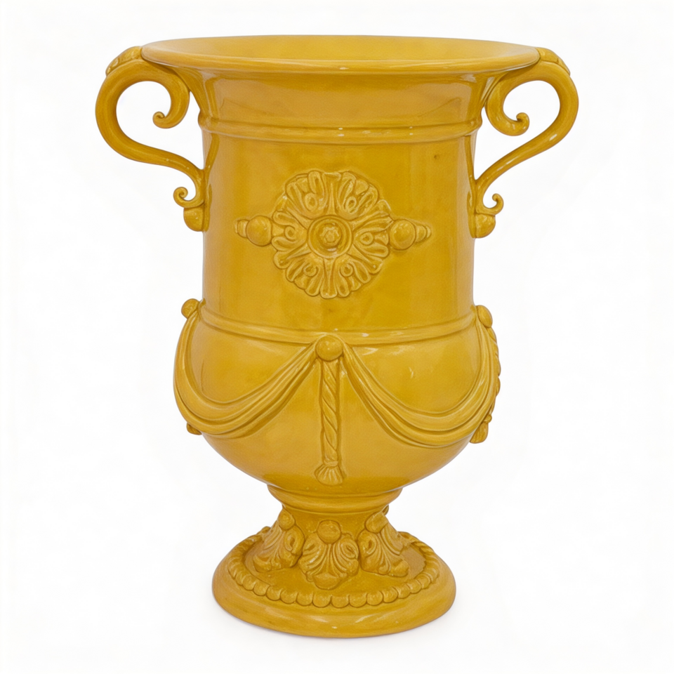 Vaso monumentale con manici decoro giallo senape Produzione artigianale di Caltagirone monocolore