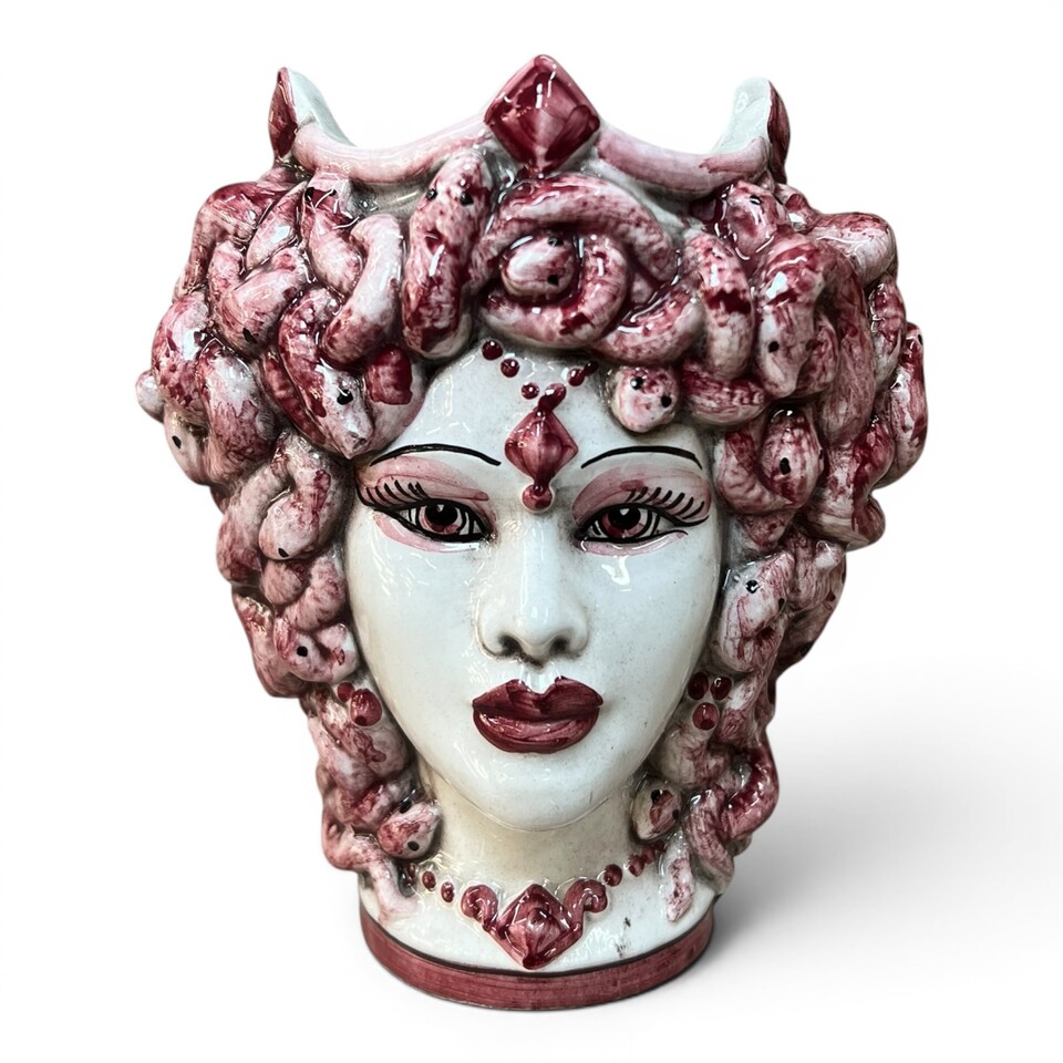 Testa di moro collezione I Miti modello Medusa decoro bordeaux Produzione artigianale di Caltagirone h.15cm