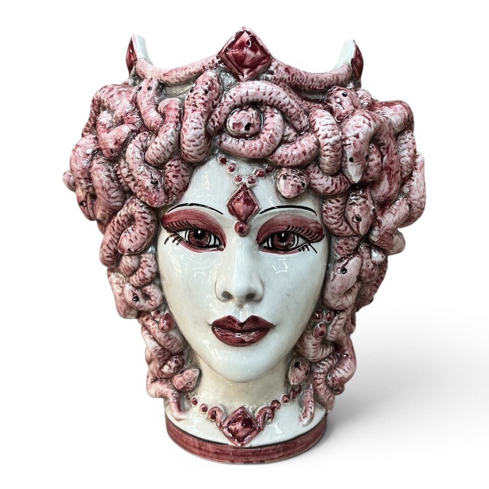 Testa di moro collezione I Miti modello Medusa decoro bordeaux Produzione artigianale di Caltagirone h.20cm