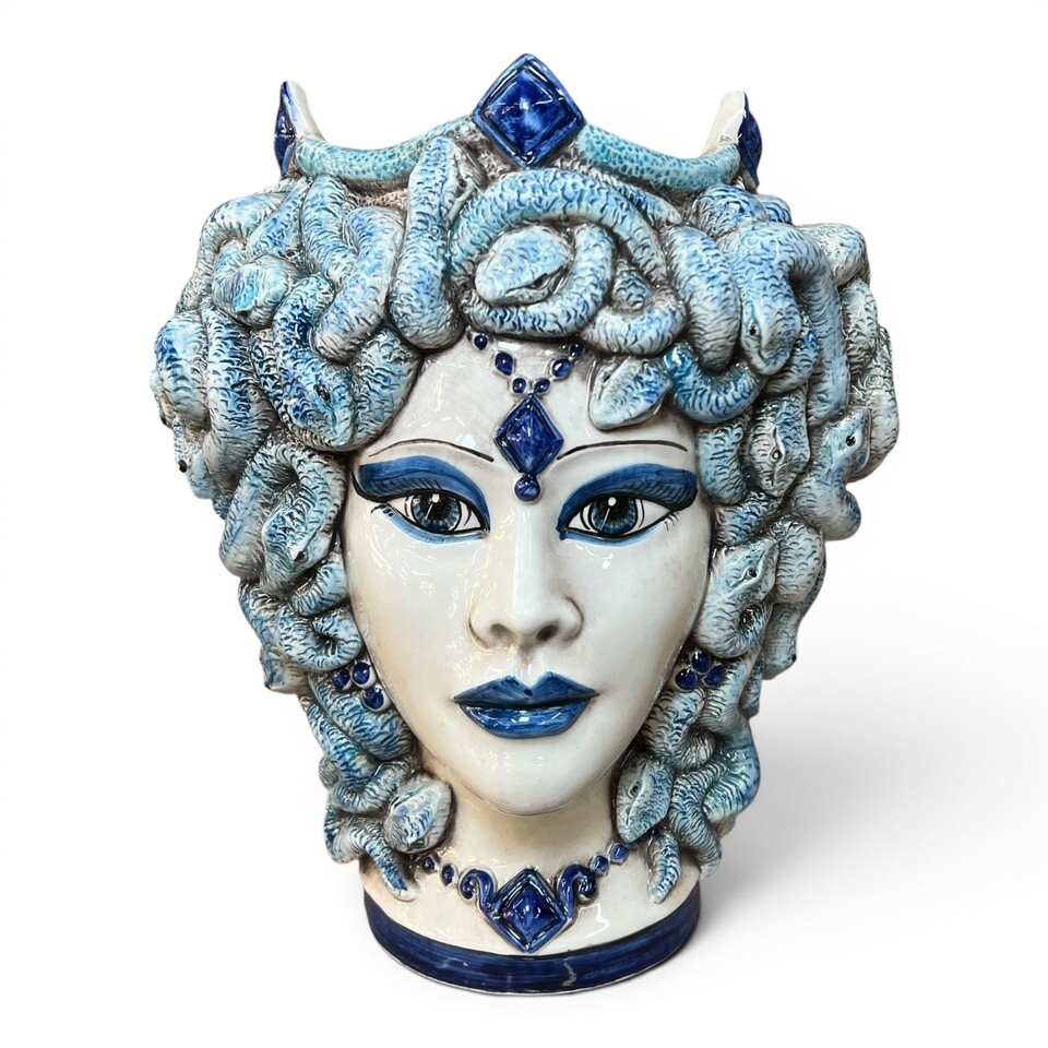 Testa di moro collezione I Miti modello Medusa decoro blu antico Produzione artigianale di Caltagirone h.30cm