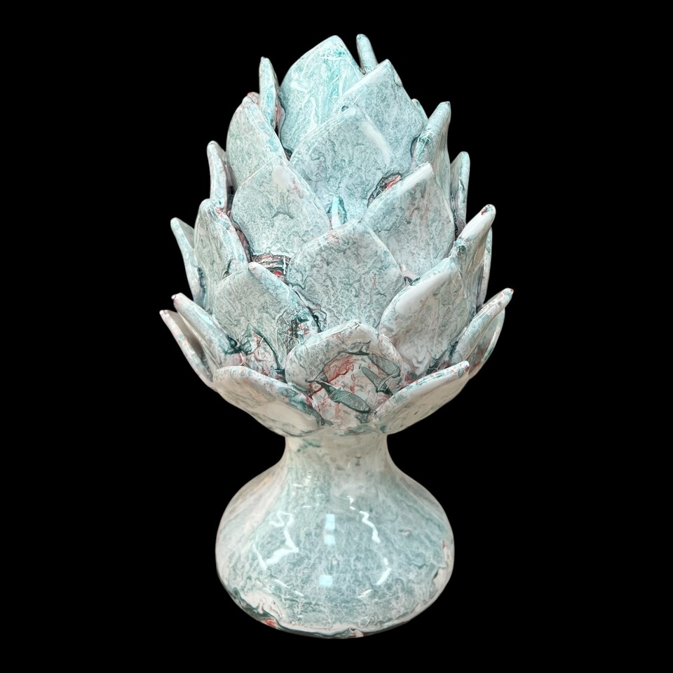Carciofo decoro celeste effetto marmo in ceramica siciliana Produzione artigianale di Santo Stefano di Camastra h.28cm