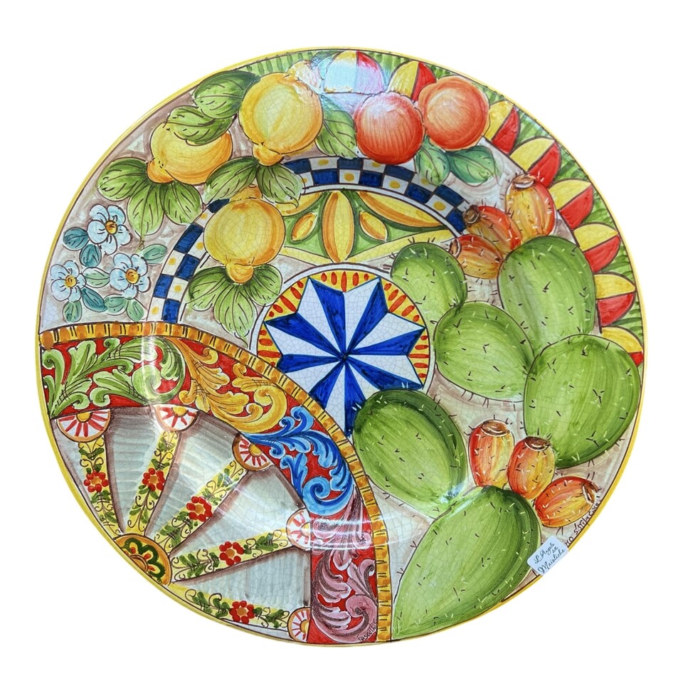 Piatto ornamentale da parete decoro ruota di carretto limoni e fichi d'india effetto craquelé Produzione artigianale di Santo Stefano di Camastra diametro 45cm