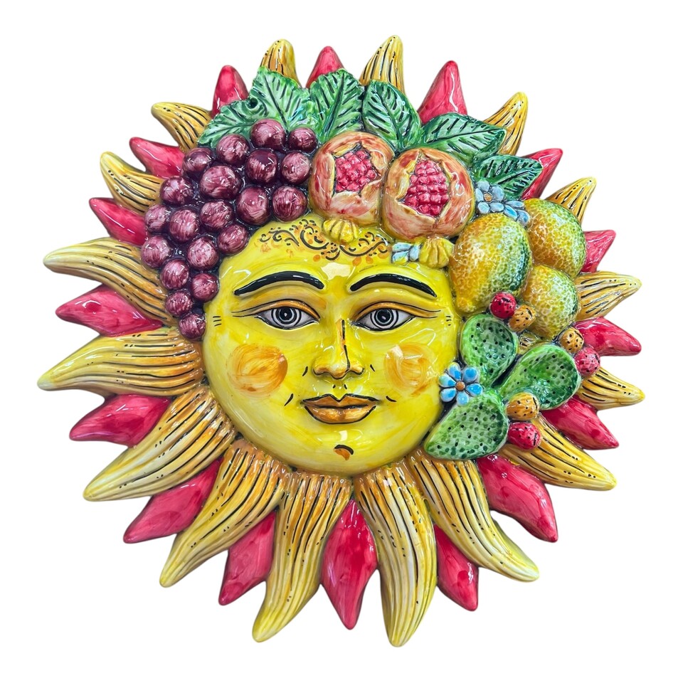 Sole da parete in ceramica siciliana decoro giallo e rosso con frutta e fichi d'india Produzione artigianale di Caltagirone Diametro 30cm